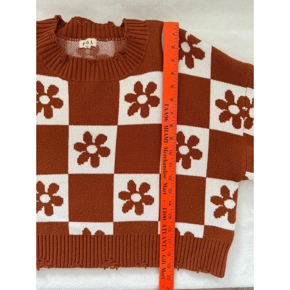 Pol Woman's Daisy‎ Flower Rust Brown Cropped Sweater Large Checkered Raw Hem - Picture 9 of 11